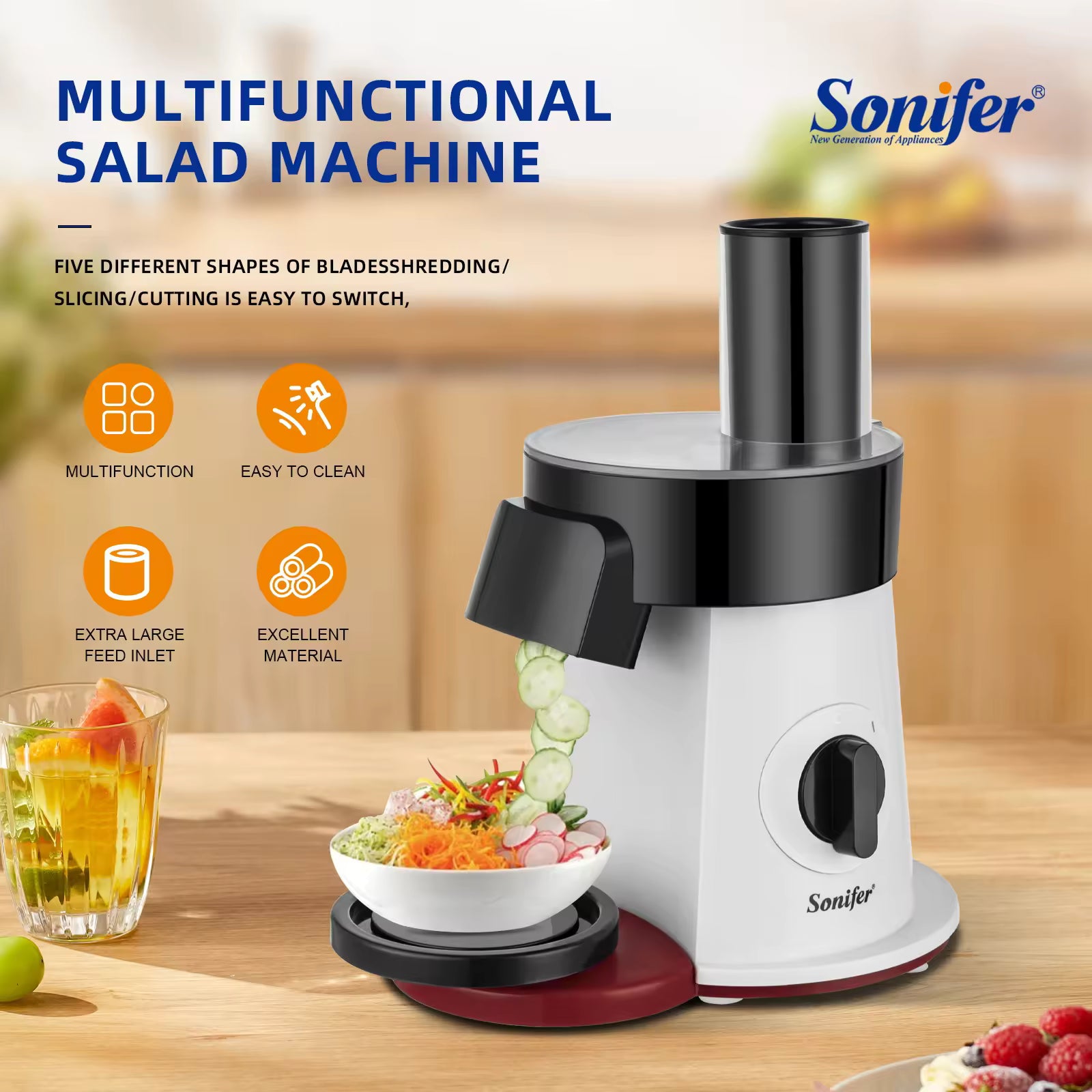 Sonifer 5-in-1 Electric Salad Maker – 200W Vegetable Slicer & Shredder