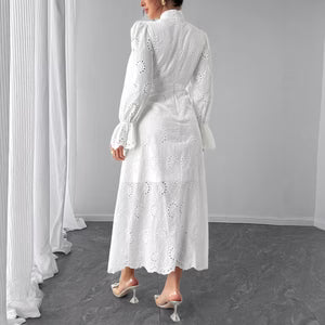 Elegant Vacation Long-Sleeve Hollow-Out Waist-Cinching Button Dress