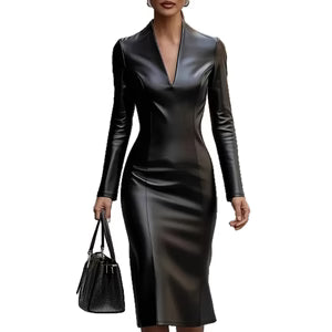 Stretchy PU Leather V-Neck Bodycon Dress
