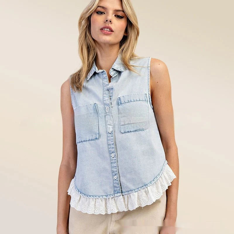 Patchwork Denim Sleeveless Shirt