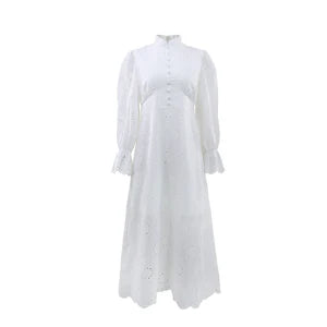 Elegant Vacation Long-Sleeve Hollow-Out Waist-Cinching Button Dress